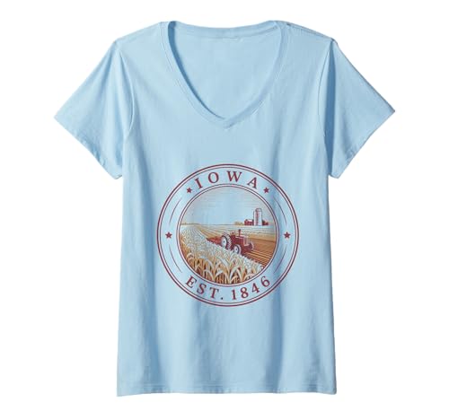 Damen Iowa Retro State 1846 Trikot Traktor Cornfield Sunrise T-Shirt mit V-Ausschnitt von Iowa Retro State 1846 Tee Shirts Corn Tractor