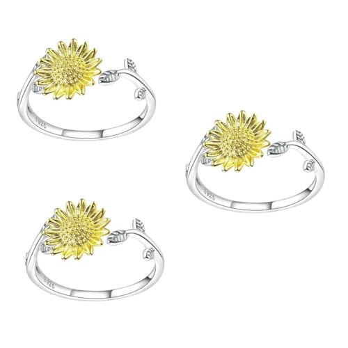 3 Stck. Sonnenblumenring Sterling Silber Verstellbarer Öffnungsring Eleganter Schmuck für Damen Platinbeschichtet Design Passt Fingergrößen für Besondere Anlässe von Ipetboom