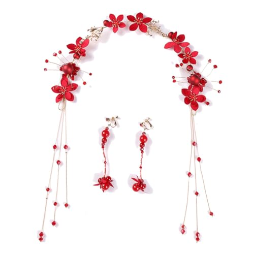 Ipetboom 1 Satz Hochzeit Stirnband Blumenohrringe Für Frauen Brautohrringe Für Die Hochzeit Braut Haarspange Frauen Stirnband Haarband Haarschmuck Damen Hochzeitskleid Rot von Ipetboom