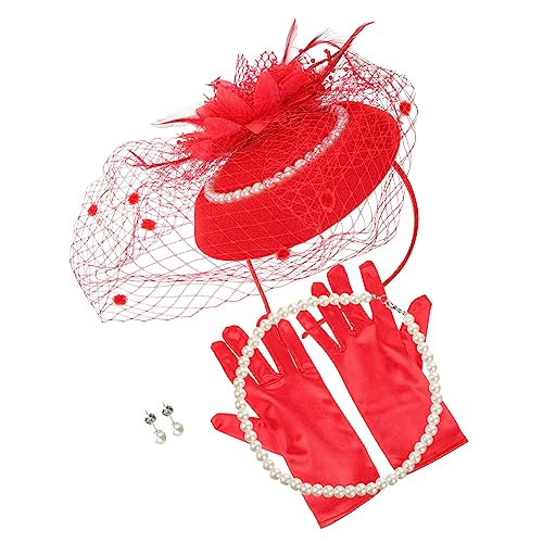 Ipetboom 1satz Fascinator-hut Perlen-schmuck Und Handschuhen Für Elegante Teepartys Und Besondere Anlässe Für Damen Und Mädchen Rote Farbe Vielseitig Kombinierbar von Ipetboom