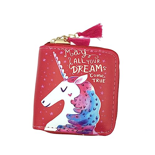 Ipetboom 1 Stück Cartoon Unicorns PU Zipper Geldbörse für Mädchen Rote Kurze Geldtasche mit Reißverschluss für Schüler Leicht und Vielseitig Einsetzbar Langlebiges Material von Ipetboom