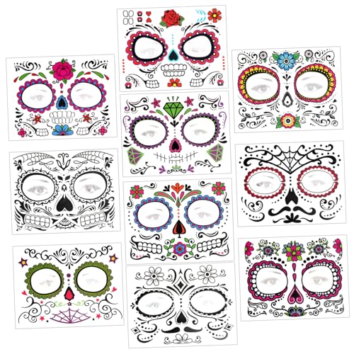 Ipetboom 10 Blätter Halloween-gesichtsaufkleber Funkeln Maske Party Schädelgesichtsaufkleber Aufkleber Zubehör Festival-tätowierung Halloween-aufkleber Wassertransferdruck von Ipetboom
