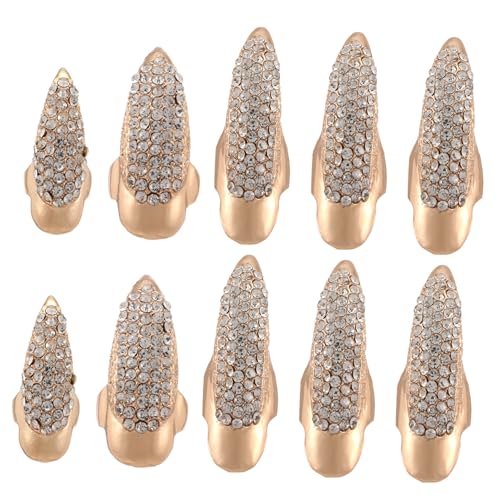 Ipetboom 10 Stück Teiliges Gothic Punk Fingerring mit Krallen Verziert mit Funkelnden Strasssteinen S Goldfarbene Falsche Fingernägel für Cosplay und Partys von Ipetboom