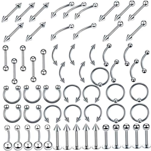 Ipetboom 120 Stück Teiliges Set Body Piercing Schmuck Mix Silberfarbene Nasen Lippen Zungen und Bauchnabelringe Hautfreundlich und Langlebig Vielseitig für Damen und Herren Geeignet von Ipetboom