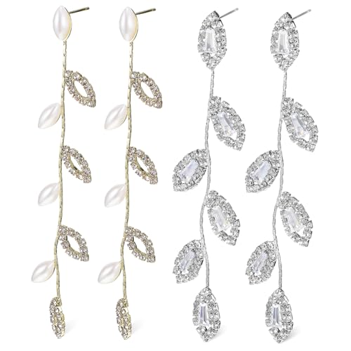 Ipetboom 2 Paare Glänzende Ohrhänger mit Strass Perlen Quaste Lange Kette Drop Earrings Hochzeit Brautschmuck Eleganter Perlenschmuck für Damen von Ipetboom