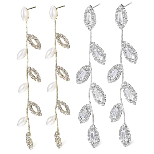 Ipetboom 2 Paare Lange Ohrhänger Damen mit Blattmotiv Strass Perlen Leichte Lineare Drop Earrings Eleganter Perlenschmuck für Hochzeit Braut und Festliche Anlässe von Ipetboom