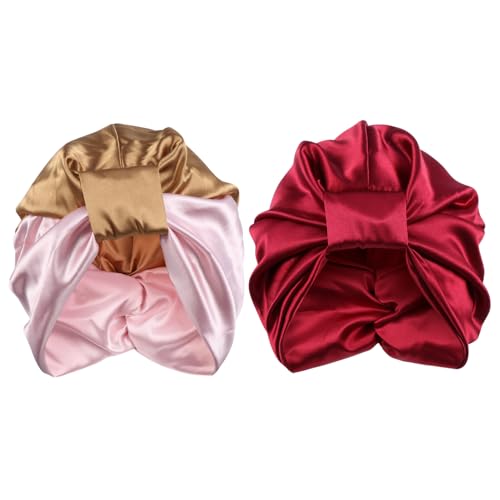 Ipetboom 2stücke Satin Schlafhaube Für Damen Elastische Und Atmungsaktive Haarpflege Mütze Doppellagige Schlafhaube Weinrot Und Locken Und Nachtpflege von Ipetboom