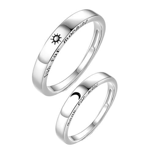 Ipetboom 2 Stück Chic Couple Ring Silber Offener Design Ring mit Sonne Mond Kreativer Partnerring für Damen Herren Schmuck zur Hochzeit Geburtstag von Ipetboom