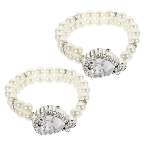 Ipetboom 2 Stück Damenuhr Herzform Doppelreihigem Elastischem Perlenarmband Vintage design Analoge Quarzuhr Modisches Schmuckarmband für Damen von Ipetboom