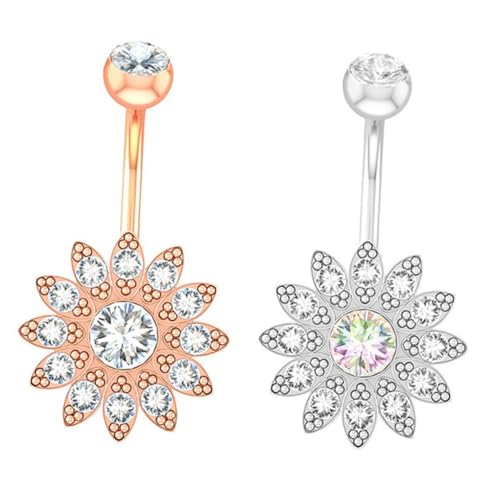 Ipetboom 2 Stück Edelstahl Bauchnabelpiercing Sonnenblume Design Langlebig Rostfrei Bauchschmuck für Party Festival Tanz Damen Silber Roségold von Ipetboom