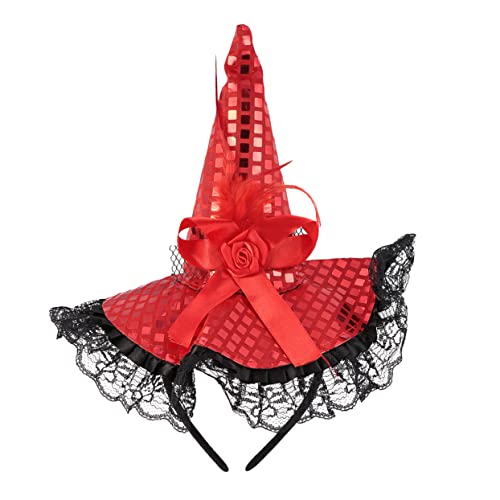 Ipetboom 2 Stück Halloween Hexenhut Kopfschmuck für Maskerade Party Rüschen Spitze mit Pailletten Rot Kostüm Ausrüstung für Halloween und Karneval von Ipetboom