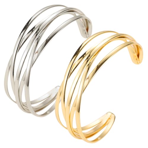 Ipetboom 2 Stück Multilayer Metall Armreif Boho Stil Offener Armband Damen Schmuck Elegant Vielseitig für Alltag Festtage von Ipetboom