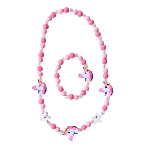 Ipetboom 2 Stück Teiliges Holzperlen Schmuckset Armband und Halskette Einhorn Bunt Elastisch Verstellbar Freundschaftsarmbänder für Mädchen Party Zubehör von Ipetboom