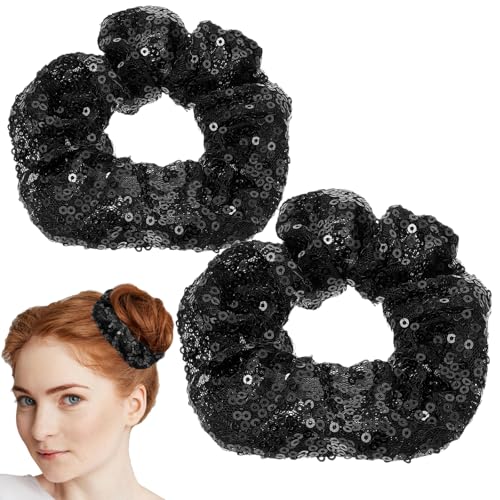 Ipetboom 2 Stück Glitzer Haargummi Weihnachten Schwarz Farbige Pailletten Elastische Haarbänder Schwarze Scrunchies für Frauen Mädchen Teenager, Weihnachts Funkelnde Haargummis für Party und Alltag von Ipetboom