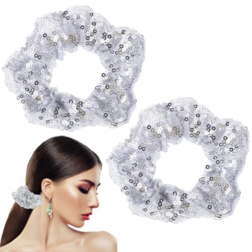 Ipetboom Weihnachts Pailletten Haargummi - 2 Stück Glitzer Funkelnde Elastische Haargummis Weihnachten Haarseile Pferdeschwanzhalter Haaraccessoires für Frauen Damen Mädchen und Teenager - Silber von Ipetboom