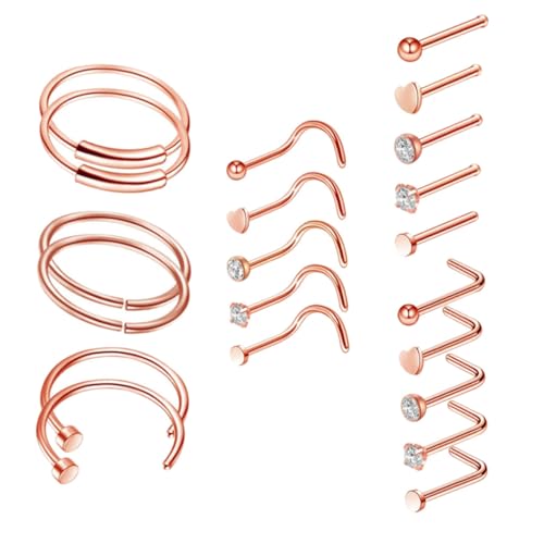 Ipetboom 21 STÜCKE Teiliges Nasenpiercing aus Hochwertigem Leichte Nasenringe und Nasenstecker in Roségold Nasenschmuck Dekorationen für Damen und Herren von Ipetboom