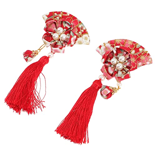 Ipetboom 2St Haarnadel mit Fächerquaste Haarspangen für Damen Stirnband Hochzeitshaar gefälscht khimar hijab elegant japanische Haardekoration Haarspange mit Fächerquaste Stoff rot von Ipetboom