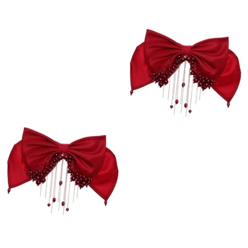 Ipetboom 2St Tiara mit Perlenquaste Haarschmuck für die Brautjungfer Hochzeit Schleife Clip Schleifen für die Haare Haarspangen Braut Perle Schleife Clip Brautperlenschleifenclip Bogen rot von Ipetboom