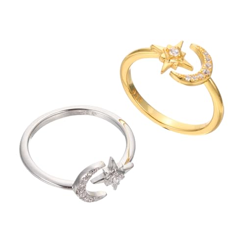 Ipetboom 2stücke Verstellbare Offene Damenringe Mit Strass Mond Und Sternmotiven Hautverträglich Aus Sterlingsilber Geschenkidee Für Frauen Passt Zu Fingergrößen von Ipetboom