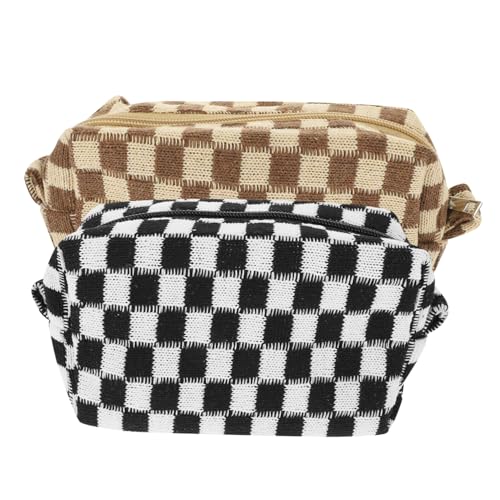Ipetboom 2stücke Karierte Kosmetiktaschen Tragbare Aufbewahrung Für Make-up Und Toilettenartikel Reißverschluss-Organizer Für Damen Praktische Reise-Bags Und Khaki von Ipetboom