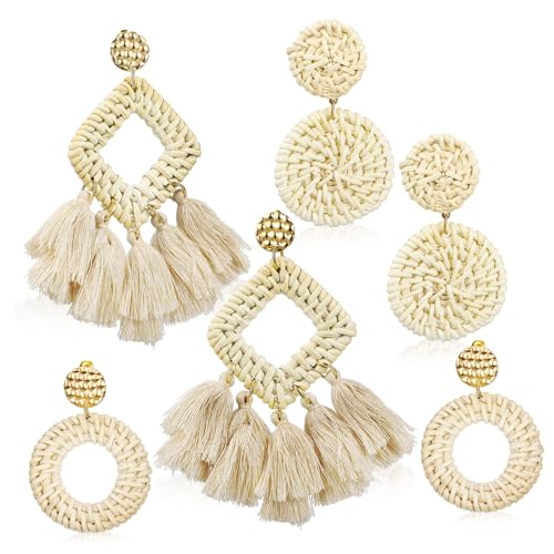 Ipetboom 3 Paare Boho Ohrhänger aus Rattan Leichte Geflochtene Tassel Ohrringe für Damen und Mädchen Sommerliche Creolen Handgewebte Tropfenohrringe Stilvoll und Komfortabel für Strand und von Ipetboom