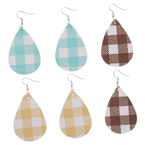 Ipetboom 3 Paare PU Doppelseitige Karierte Ohrringe Set Leichte PU Teardrop Ohrhänger für Damen für Outfit von Ipetboom
