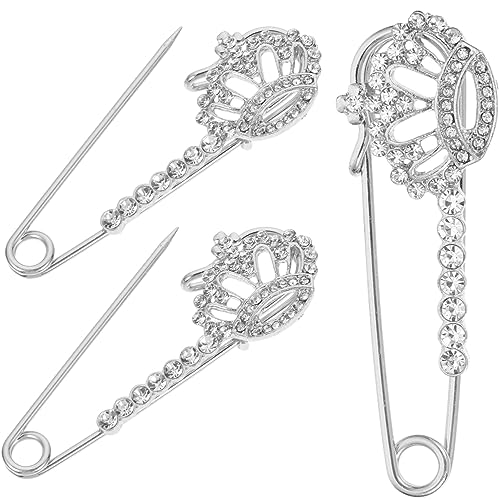 Ipetboom 3 Stück Strassstein Kronenbroschen als Kleidung Accessoires Anstecknadeln für Cardigans und Schals Silberfarbene Dekorative Sicherheitsnadeln für Damen von Ipetboom