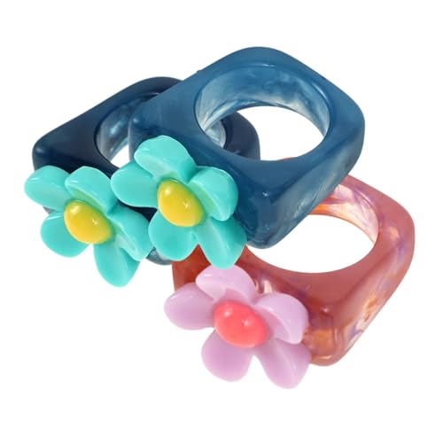 Ipetboom 3 Stück Teiliges Resin Ringe Damen Vintage Design mit Funkelnden Schmucksteinen Zarte Blumenmotive Farblich Abgestimmt in und Blau und Verspielte Fingeraccessoires für Frauen von Ipetboom