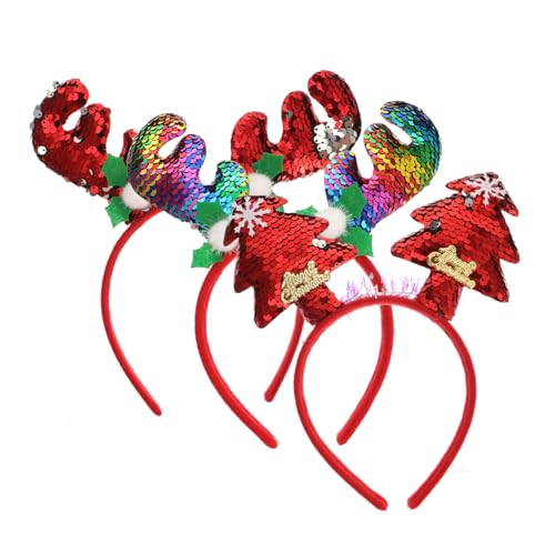 Ipetboom 3 Stück Weihnachtliches Haarreifen mit Pailletten Rentiergeweih und Weihnachtsbaum Rutschfeste Party Kopfbedeckung für Festliche Kostüm und Weihnachtsfeiern von Ipetboom
