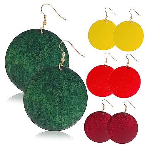 Ipetboom 4 Paar Handgefertigte Holz Ohrringe Rund Hängend Leicht Geometrisch Retro Dangle Earrings für Frauen Mädchen Modisch Vielseitig von Ipetboom