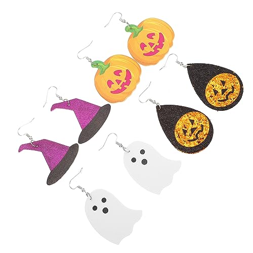 Ipetboom 4 Paare Teiliges Halloween Lederohrring Kreative Ohrschmuck mit Geistern Grünen Kürbissen Pailletten Kürbissen und Hexenhüten Leichte Dekorative Ohranhänger für Damen und Partys von Ipetboom