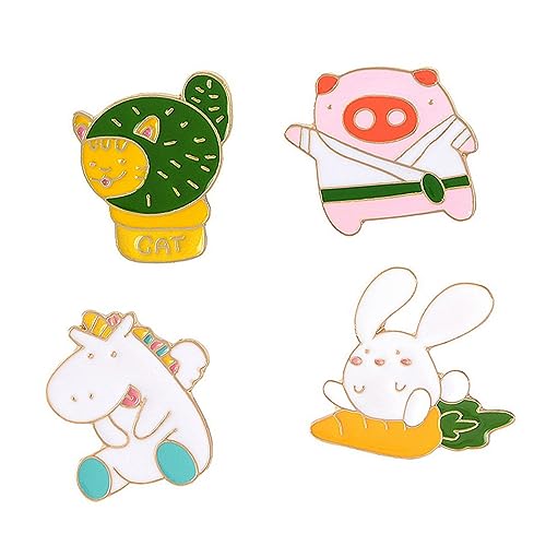 Ipetboom 4 Stück Tierbroschen Cartoon Kaninchen Schwein Katze Einhorn Legierung Kreative Anstecknadeln für Kleidung Taschen Jeans Süße Broschen von Ipetboom