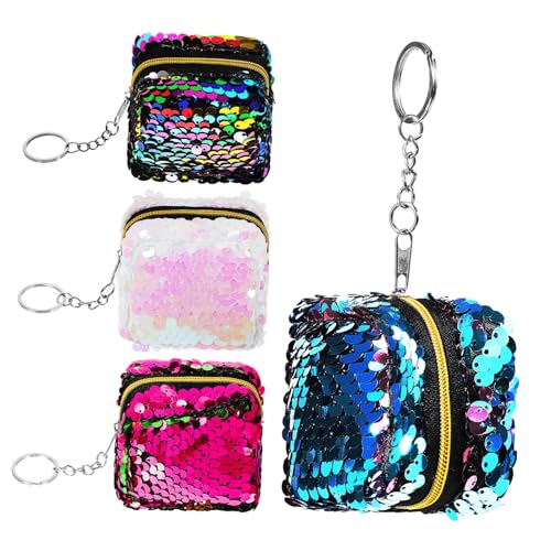 Ipetboom 4 Stück Mini Münzgeldbörse Bunte Doppelseitige Pailletten Geldbeutel mit Reißverschluss Kleine Handliche Wechselgeldtaschen für Mädchen Farbenfrohe Portemonnaies für Kleingeld und von Ipetboom