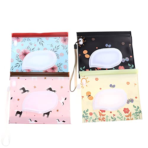 Ipetboom 4 Stück Teiliges Eva Wet Tissue Dispenser mit Fenster Wiederverwendbare Pouch für Feuchttücher Praktische Reisetasche Bunten Designs für Unterwegs und Kinderwagen von Ipetboom