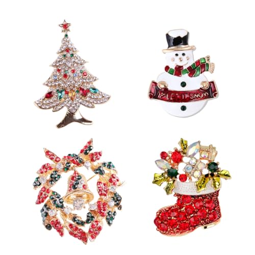 Ipetboom 4 Stück Weihnachtliche Broschen Robustem Legierungsmetall mit Glöckchen Schneemann Weihnachtsbaum und Stiefel Dekorative Anstecker für Kleidung Schal Mütze Festlicher Schmuck für von Ipetboom