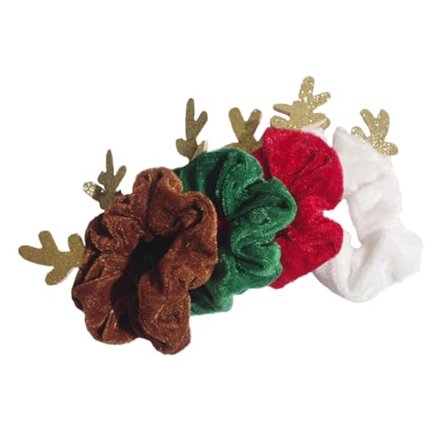 Ipetboom 4 Stück Weihnachtliche Haarbänder Damen Plüsch Geweih Design Weiche Elastische Haargummis in Weiß Grün Rot Braun Haarschmuck Accessoires für Festtage und Alltag von Ipetboom