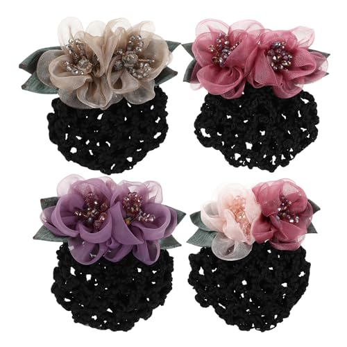 Ipetboom 4-teilige Haarknotenabdeckung: Blumen-Haarnetz, Netz-Dutt-Snood-Netz mit Strasssteinen – Damen-Haarnetz für Krankenschwestern mit Haarspange für Arbeit, Party, Hotel, Bank von Ipetboom