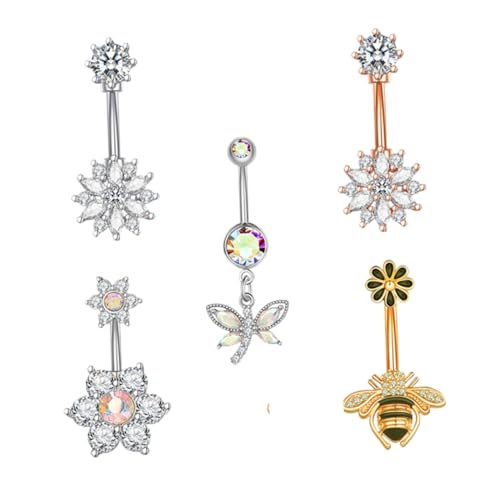 Ipetboom 5 Stück Teiliges Bauchnabelring aus mit Zirkonia Hautfreundlich Rostfrei Politur Modischer Körperschmuck für Damen und Mädchen Langlebig und Komfortabel zu Tragen von Ipetboom