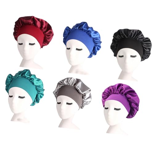 Ipetboom 6stücke Damen Schlafhaube Mit Breitem Elastikband Hochdehnbar Weich Und Atmungsaktiv Nachtmütze Schwarz Silber Blau Weinrot Gold Und Dunkelpurpur Kopfbedeckung Für Und Schutz von Ipetboom
