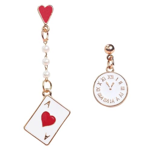 Ipetboom Asymmetrische Damen Ohrhänger mit Spielkarten und Uhr Design Ohrstecker Langlebige Oxidationsbeständige Ohrringe für Alltag und Besondere Anlässe von Ipetboom