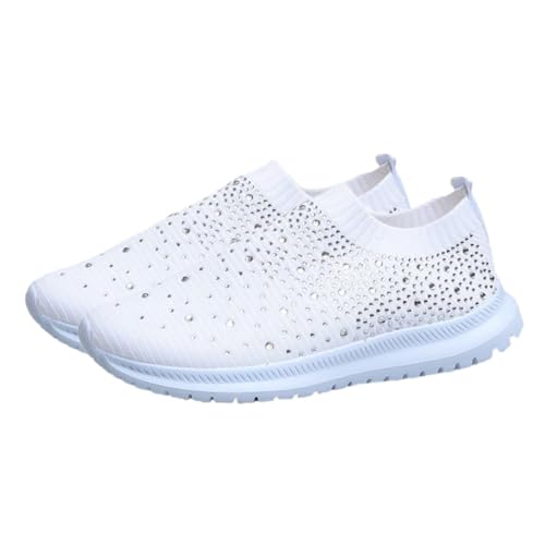 Ipetboom Atmungsaktive Damen Sportschuhe mit Strass rutschfeste Gummisohle Stabiler Absatz Netzstruktur Vielseitig für Alltag Sport und Freizeit Weiß von Ipetboom