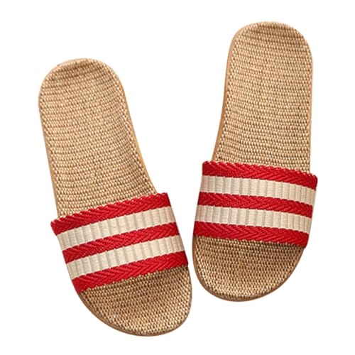 Ipetboom Casual Damen Hausschuhe Sommer Offen Zehen Atmungsaktive Leinen Slipper Rutschfest Indoor Hausschuhe für Wohnzimmer Schlafzimmer Rot von Ipetboom