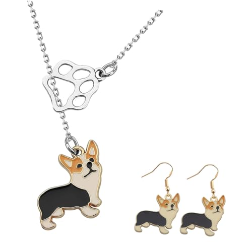 Ipetboom Chic Corgi Schmuckset Damen Halskette und Ohrringe mit Niedlichem Hundemotiv Modische Hundehalskette als Geschenk für Hundefreunde Eleganter Schmuck für Alltag und Party von Ipetboom