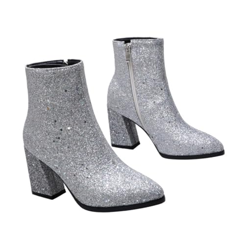 Ipetboom Chunky Ankle Boots Damen Stiefeletten mit Glitzer Absatz Rutschfeste Gummisohle Spitze Zehen Seitlicher Reißverschluss Komfortable Absatzhöhe Herbst Winter Schuhe für Frauen von Ipetboom