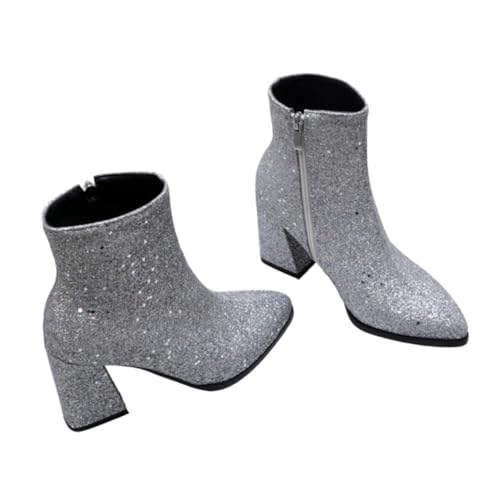 Ipetboom Damen Ankle Boots mit Absatz Herbst Winter Silberne Spitze Stiefeletten mit Glitzer Seitlicher Reißverschluss Rutschfeste Gummisohle High Heel Schuhe von Ipetboom
