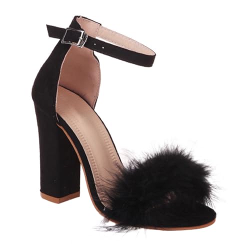 Ipetboom Damen Chunky Heel Sandalen mit Hohem Absatz und Kunstfell Modische Sommer Schuhe für Freizeit und Party Offene Zehen Elegantes Design in Schwarz von Ipetboom