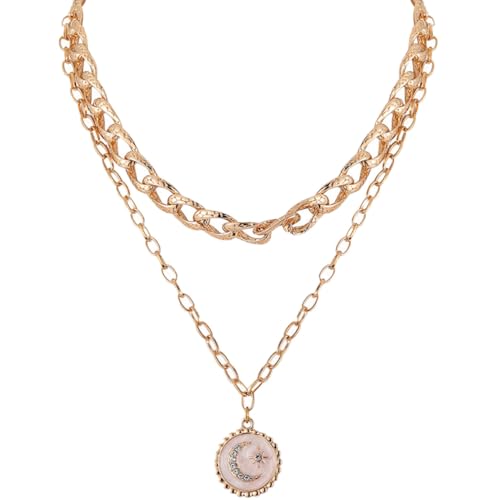 Ipetboom Damen Halskette Doppellagig Verstellbar Alloy Schmuck mit Mond Stern Anhänger Vintage Stil Modische Mehrlagige Kette für Frauen Geschenk von Ipetboom