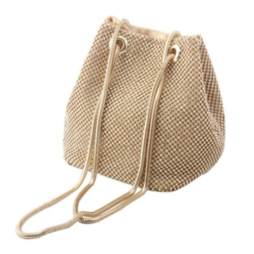Ipetboom Damen Handtasche Strass Bucket Bag Goldfarben Modische Schultertasche für Frauen Stilvolle Clutch zum Ausgehen und Reisen Langlebiges Polyester Material als von Ipetboom