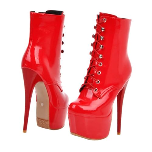 Ipetboom Damen High Heel Stiefeletten aus Lackleder Schnür Boots mit Dünnem Absatz Atmungsaktiv Rutschfest Modisch für Herbst Winter Party und Alltag Passend zu Jeans und Kleidern von Ipetboom