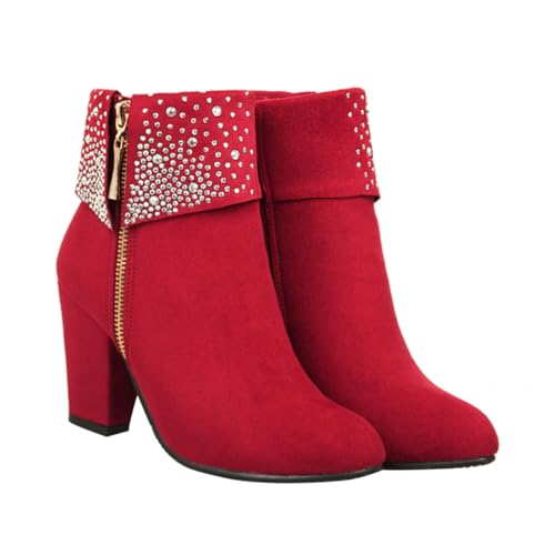 Ipetboom Damen High Heel Stiefeletten mit Grobem Absatz und Strassverzierung Rote Winter Kurzstiefel für Hochzeit und Festliche Anlässe Komfortabel und Modisch von Ipetboom